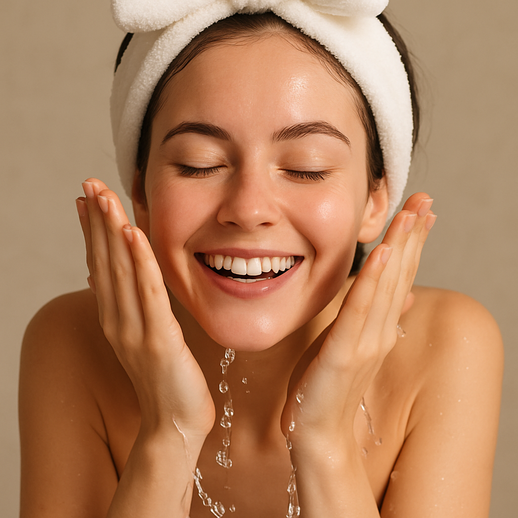 young lady washing her face happily