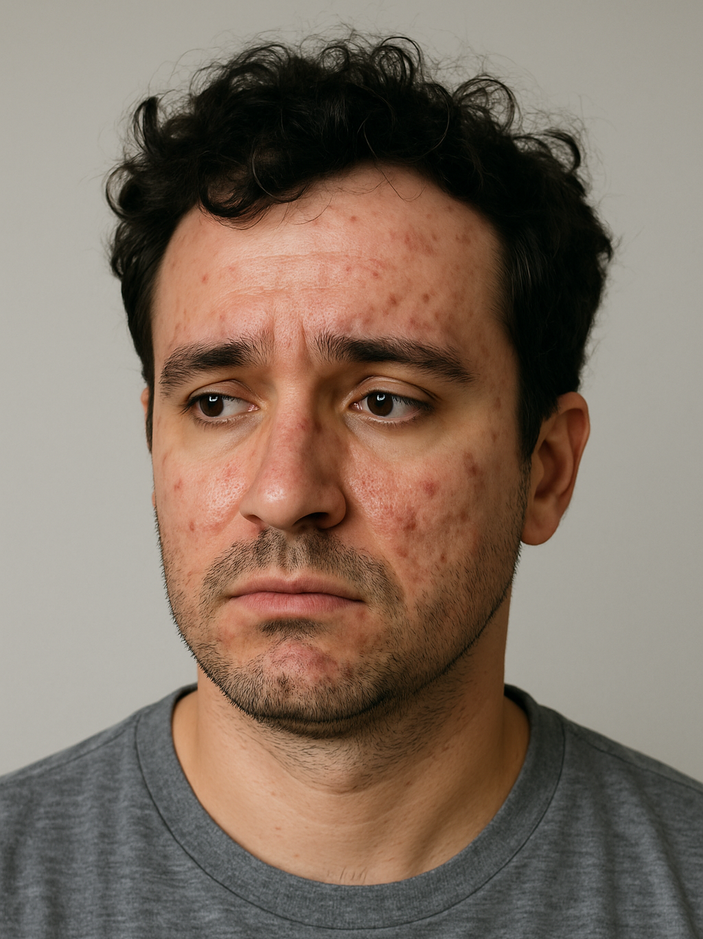 a man with acne on his face with sad look