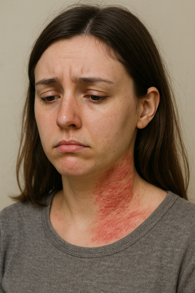 A girl with eczema flareup (redness)on her neck with sad facial expression.