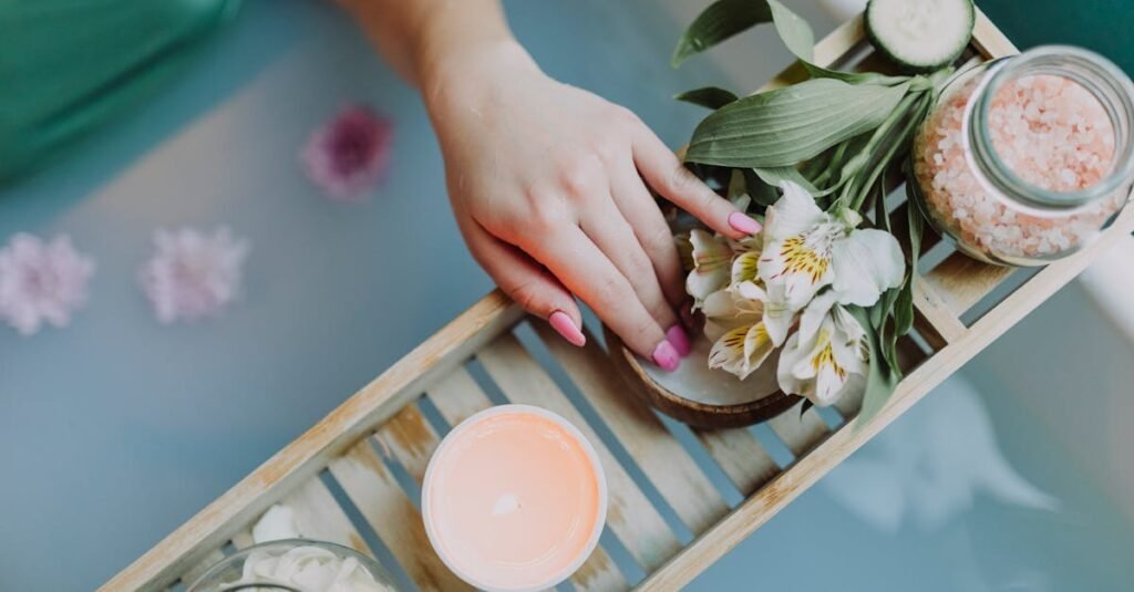 Elegant spa setting with flowers, bath salts, and calming ambiance for ultimate relaxation.