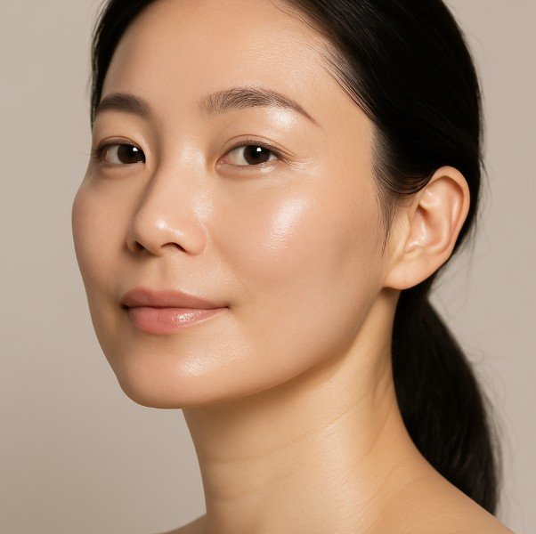 A woman with radiant, glass skin