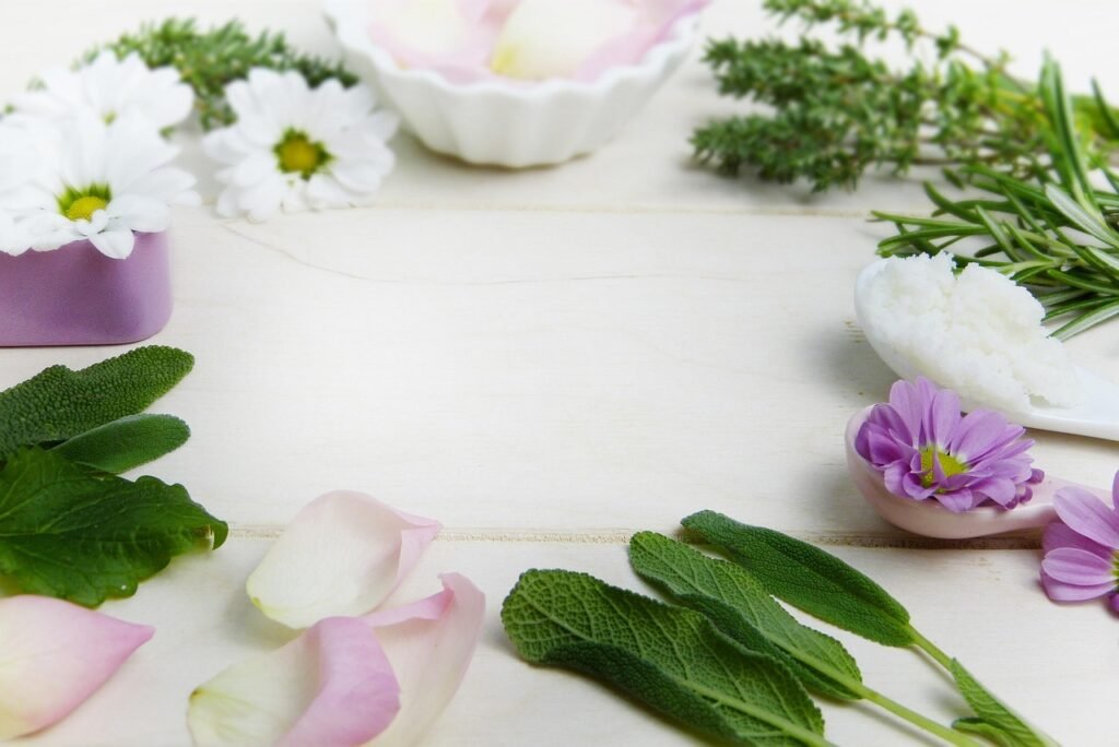 herbs, thyme, sage, rose, blossoms, petals, pink, cosmetics, essential oils, shea butter, coconut oil, nature, plants, rose flower, phytotherapy, alternative medicine, homemade, bio, naturally, skin care, to bathe, wellness, vacations, invitation, greeting card, skin, skin blemishes, treat, acne, puberty, health, ecologically, aromatherapy, healing